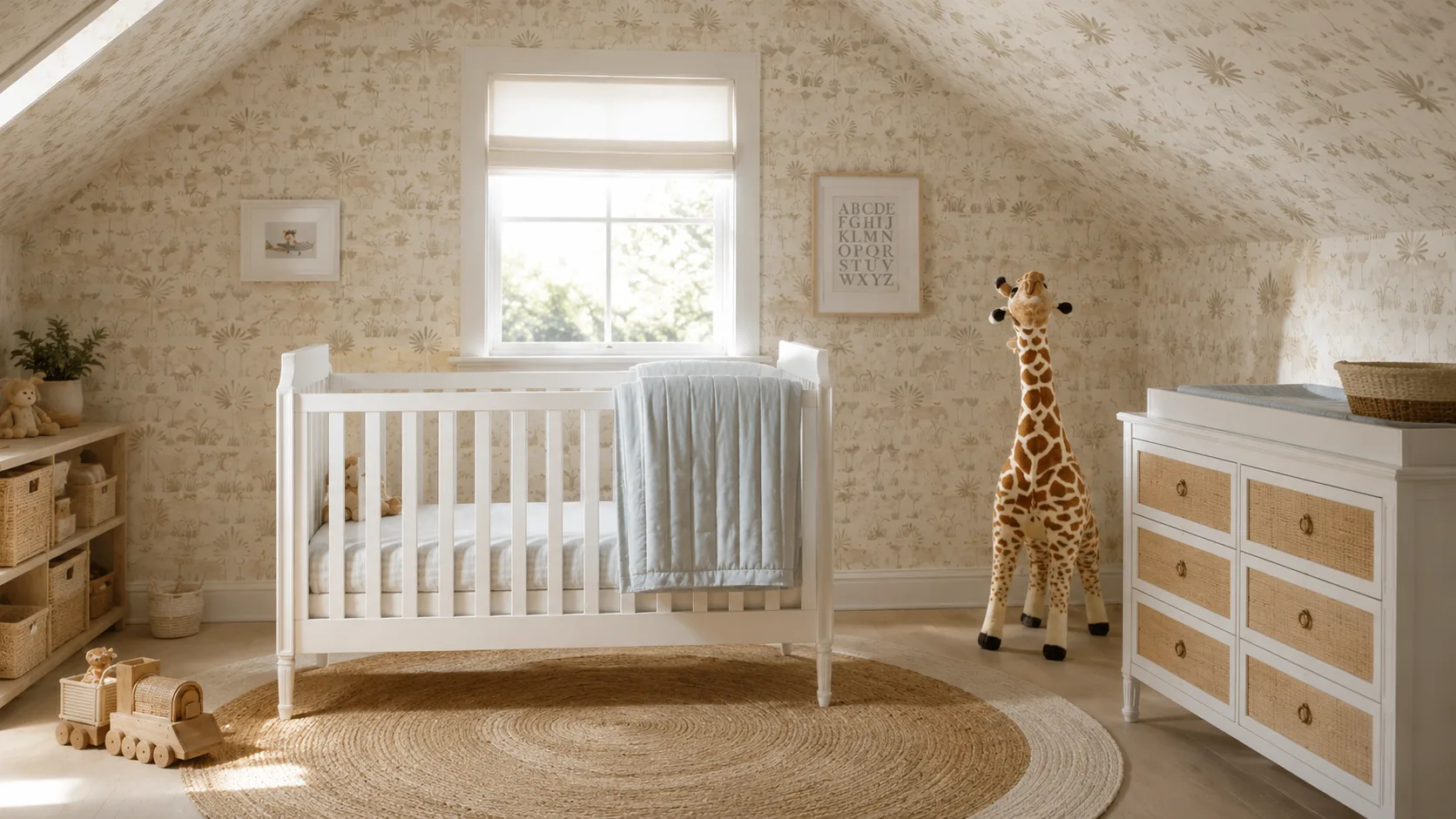 A bright, airy nursery with a white crib, a tall giraffe stuffed animal, a rattan dresser, and a round jute rug